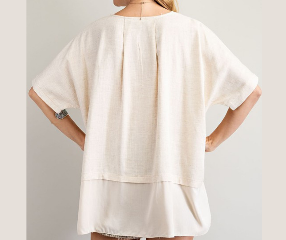 Oversized Poly Linen Oatmeal Tunic Top.  - Rounded Neckline - Contrast Fabrication Bottom - Loose Fit And Oversized Silhouette   - Longer Tunic Length For Added Coverage 