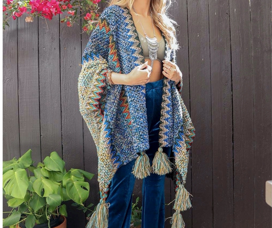 Chunky Nubby Multi-Colored Vertical Striped Sweater Kimono Pancho