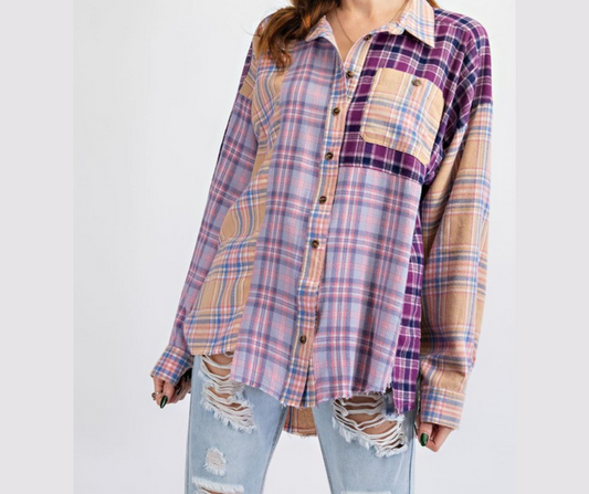 Lilac Purple Plaid Color Blocked Patchwork Button Down Long Sleeve Top