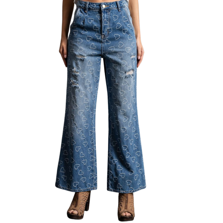 Heart Pattern Pleated Denim Full Leg Jeans