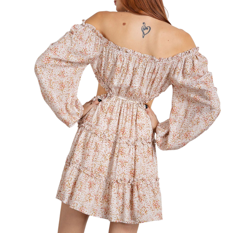 Floral Blush Off Shoulder Long Sleeve Mini Dress with Cut Out Sides