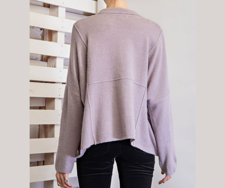 Lilac Grey Brushed Yarn Knitted Henley Sweater