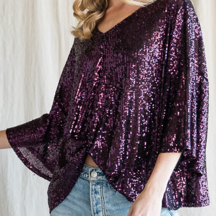 Deep Purple Sequin V-Neck Dolman with Twist Waist Detail