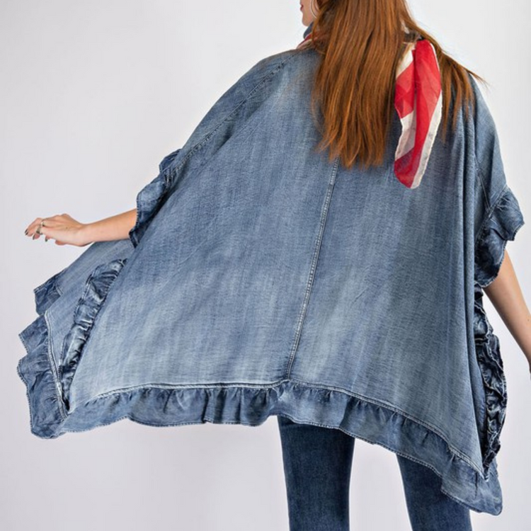 Ruffled Washed Denim Open Kimono Cardigan