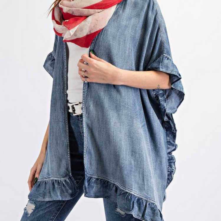 Ruffled Washed Denim Open Kimono Cardigan