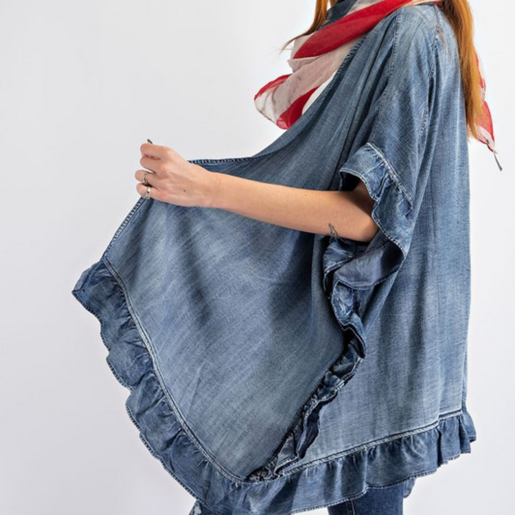 Ruffled Washed Denim Open Kimono Cardigan