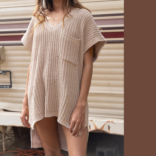 High-Low Short Sleeve Chenille Sweater with Side slits and Plunging V-Neck