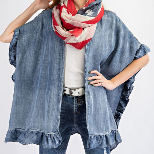 Ruffled Washed Denim Open Kimono Cardigan