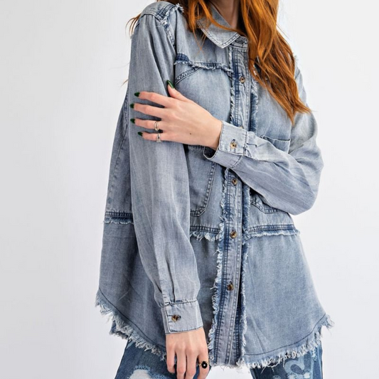 Frayed Washed Chambray Denim Long Sleeve Shirt