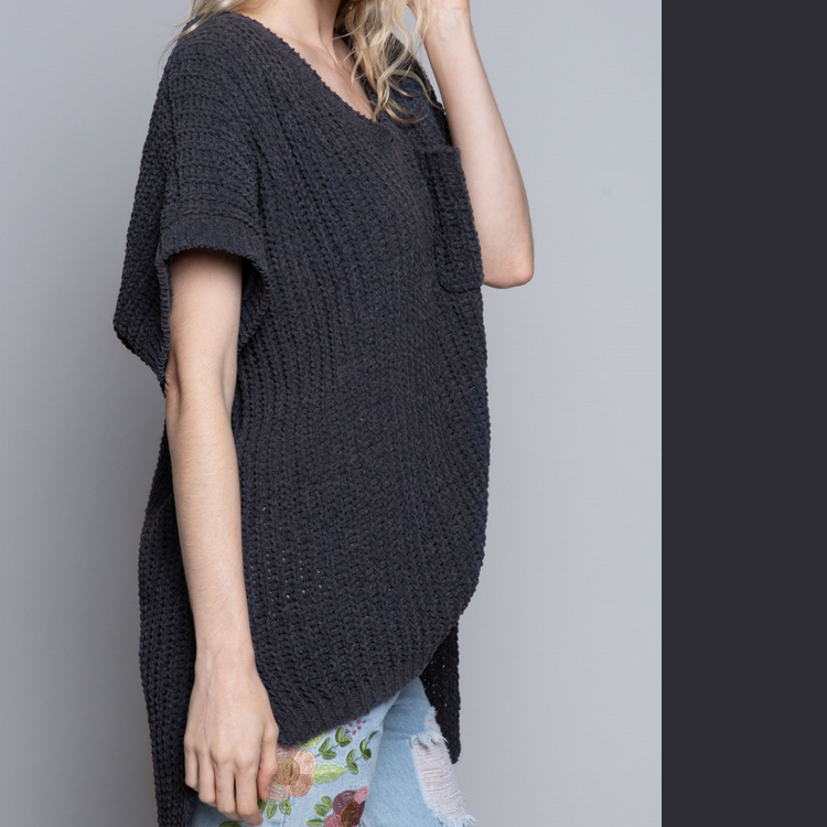 High-Low Short Sleeve Chenille Sweater with Side slits and Plunging V-Neck