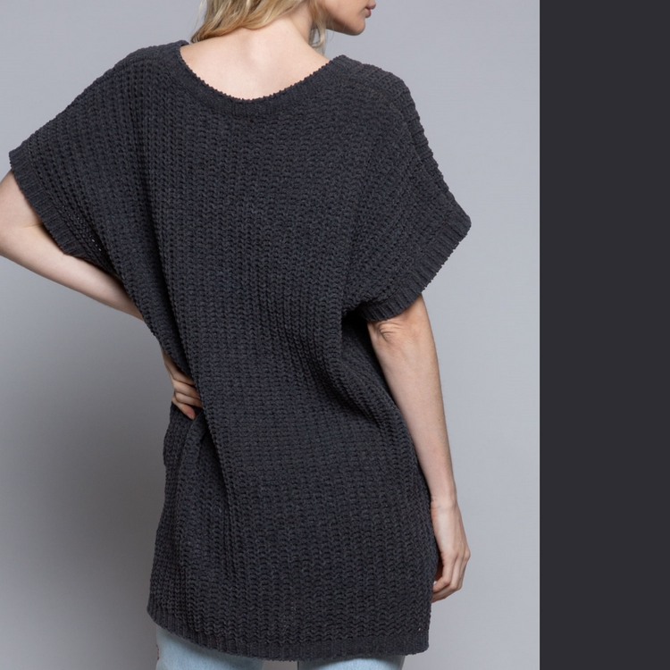 High-Low Short Sleeve Chenille Sweater with Side slits and Plunging V-Neck