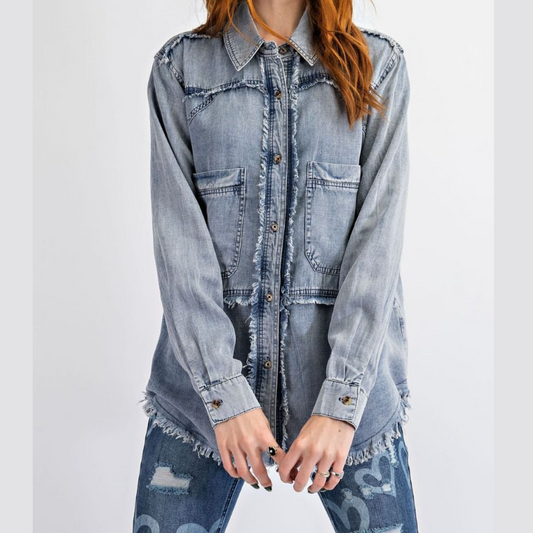 Frayed Washed Chambray Denim Long Sleeve Shirt