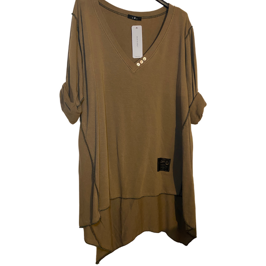 Italian Tan High Low Long Sleeve Cotton V-Neck Oversized Top with Navy Trim Detail