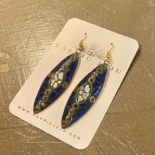 Lapis, Mother of Pearl, and Brass Drop Earring from India