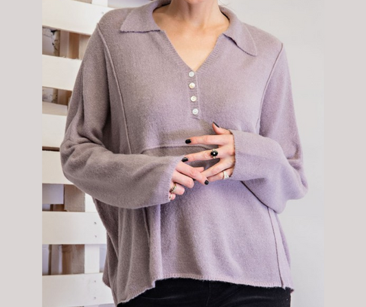 Lilac Grey Brushed Yarn Knitted Henley Sweater