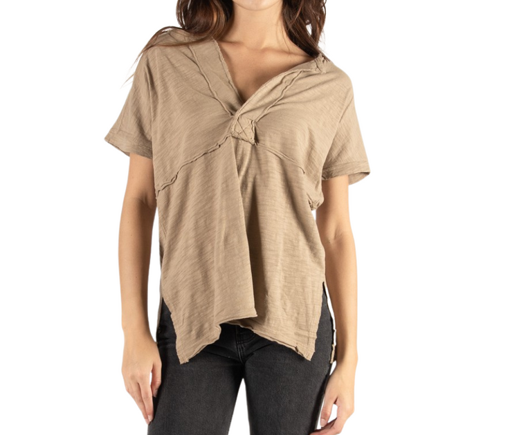 Tan Cotton Slub V Neck Short Sleeve Tee