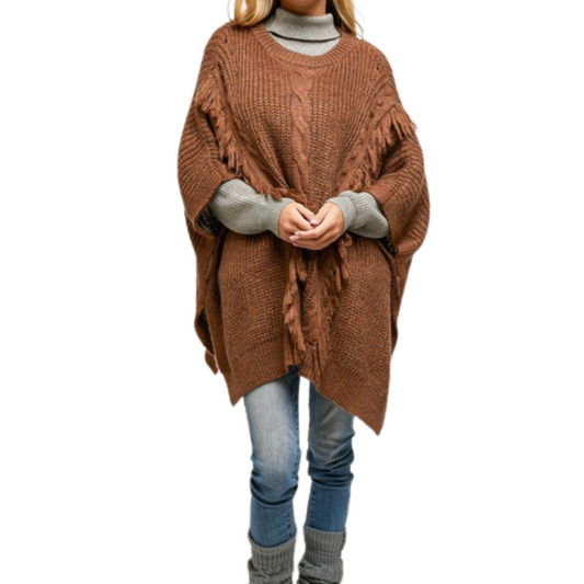 Camel Fringe Belted Pullover Pancho Top