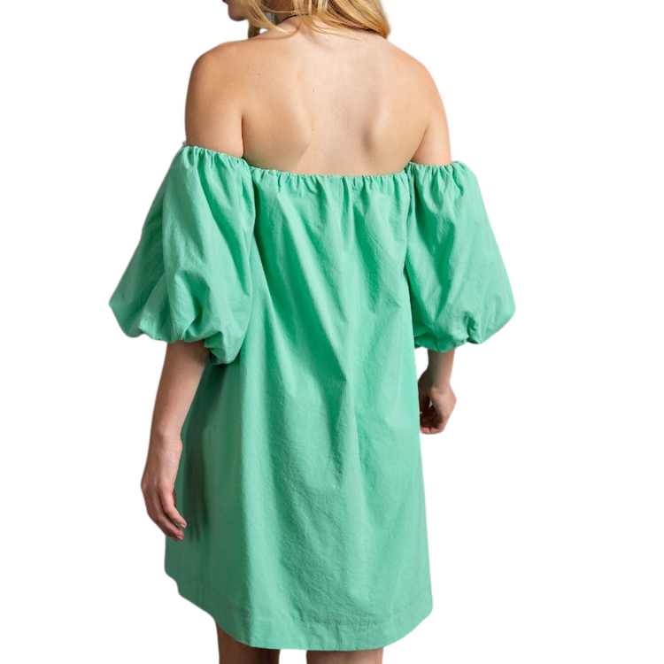 Pistachio Green Challie Off Shoulder Mini Dress Shirt with Short Puff Sleeves