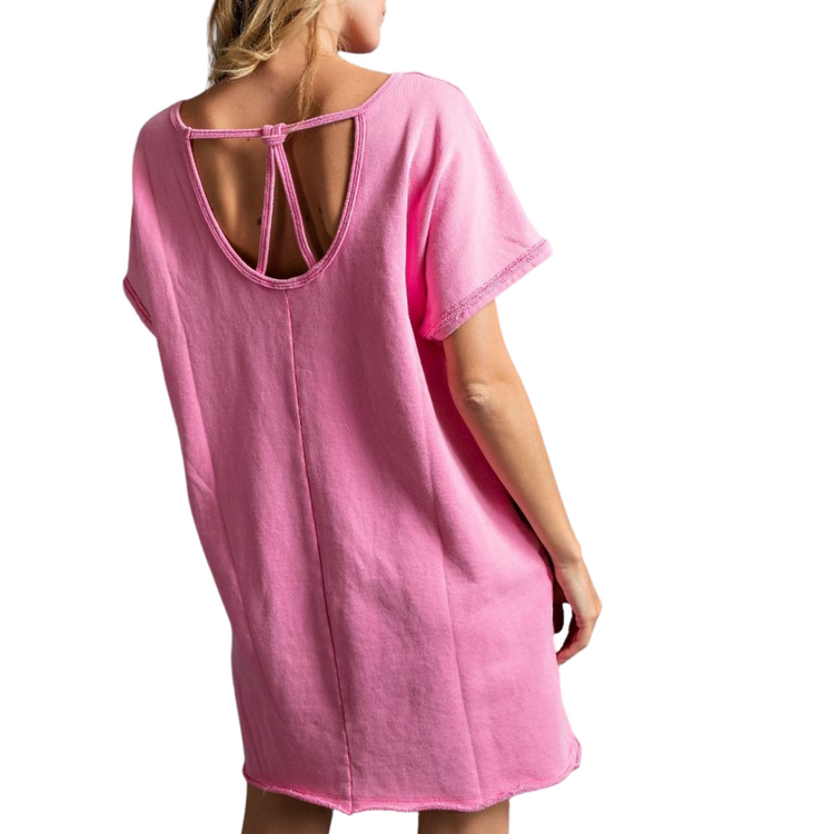 Pink Short Sleeve Mineral Washed Terry Boxy Shirt Dress with Open Back Strap Detail