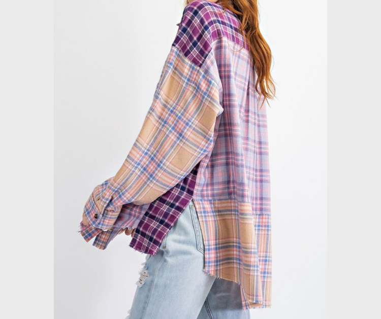 Lilac Purple Plaid Color Blocked Patchwork Button Down Long Sleeve Top