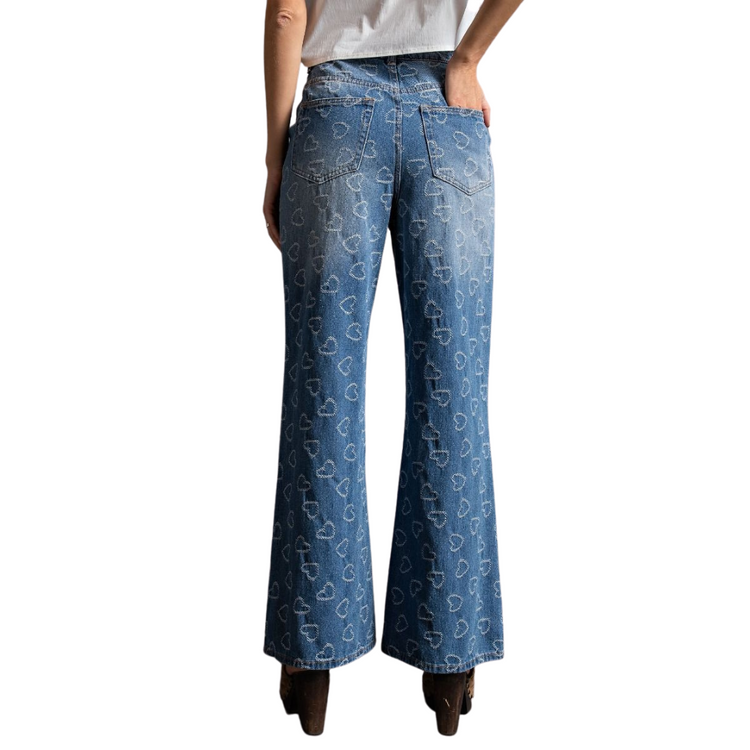 Heart Pattern Pleated Denim Full Leg Jeans