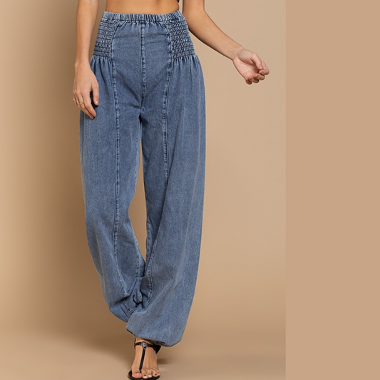 Denim Genie Pleated Joggers with Wide Elastic Side Waist Detail