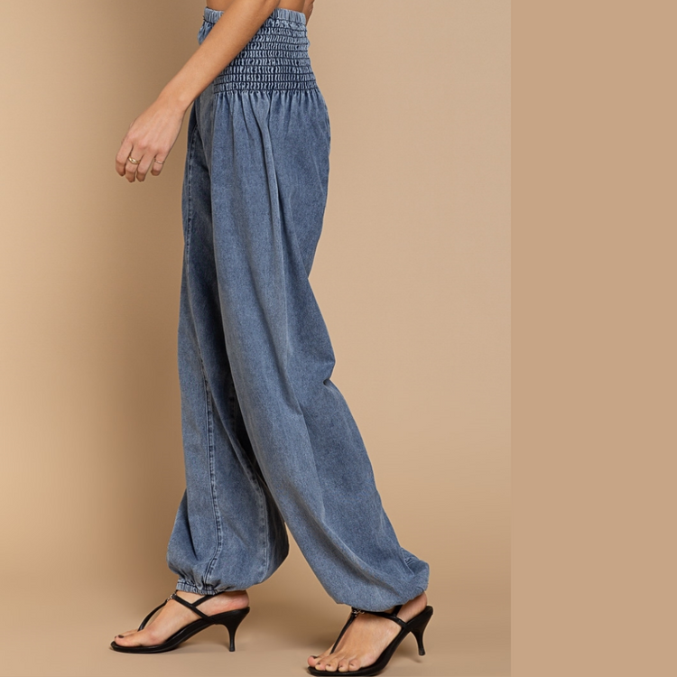 Denim Genie Pleated Joggers with Wide Elastic Side Waist Detail