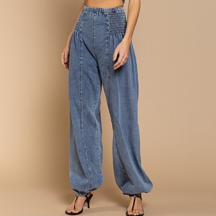 Denim Genie Pleated Joggers with Wide Elastic Side Waist Detail