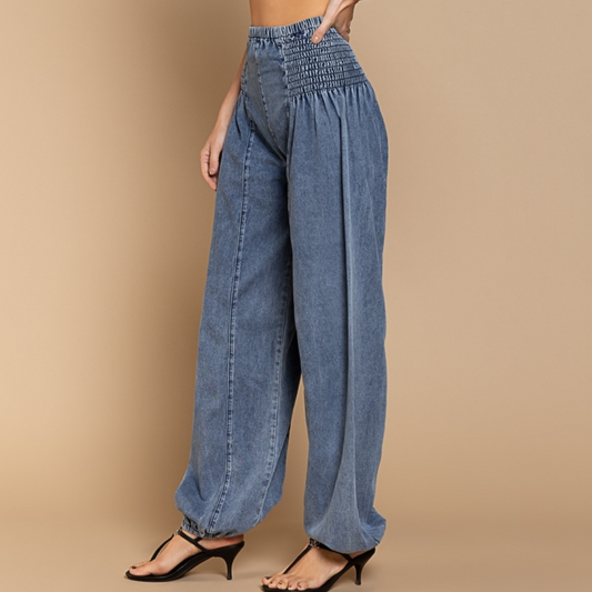 Denim Genie Pleated Joggers with Wide Elastic Side Waist Detail