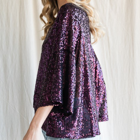 Deep Purple Sequin V-Neck Dolman with Twist Waist Detail