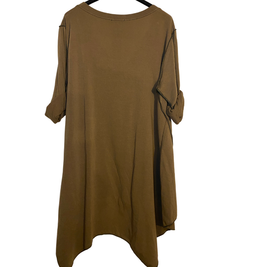 Italian Tan High Low Long Sleeve Cotton V-Neck Oversized Top with Navy Trim Detail