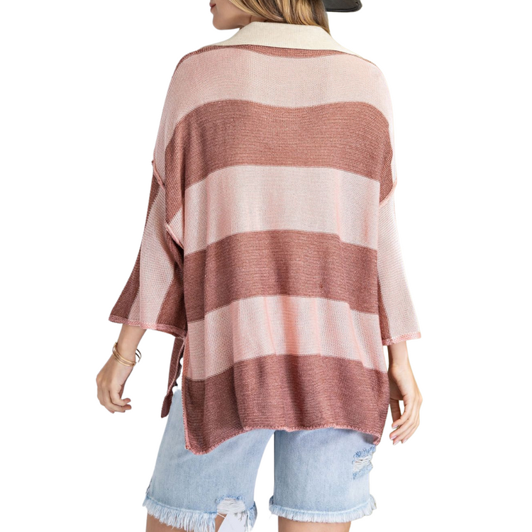 Pink Mauve Rugby Striped Knitted Sweater Shirt Top