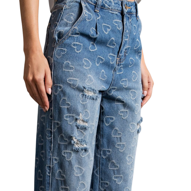 Heart Pattern Pleated Denim Full Leg Jeans