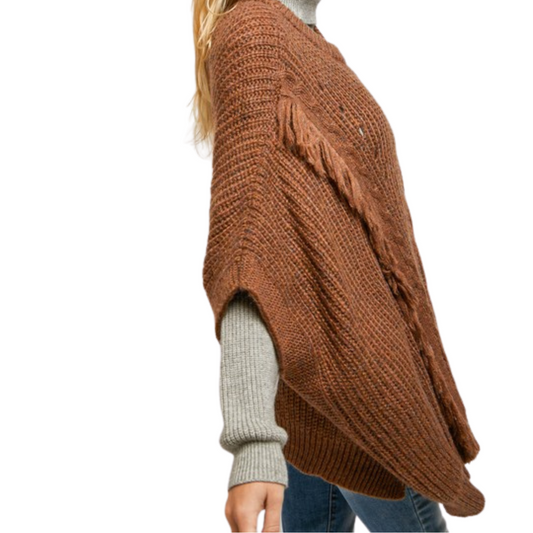 Camel Fringe Belted Pullover Pancho Top