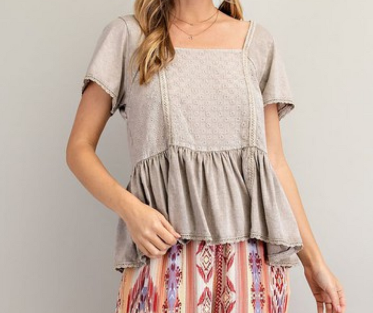 Mineral Washed Square Neck Ruffle Top