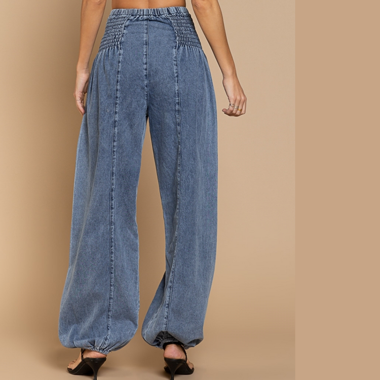 Denim Genie Pleated Joggers with Wide Elastic Side Waist Detail