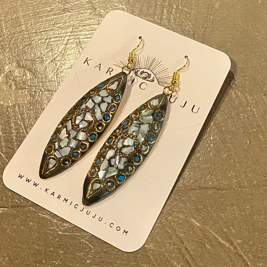 Mother of Pearl, Turquoise, and Brass Drop Earring from India