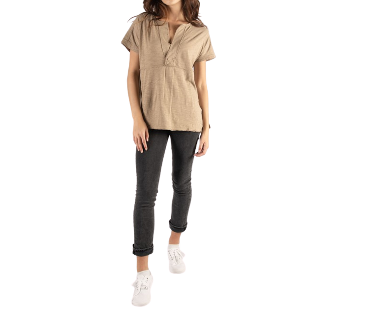 Tan Cotton Slub V Neck Short Sleeve Tee