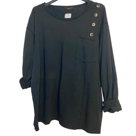 Italian Black Long Sleeve Cotton Scoop Neck Top with Pocket and Button Detail