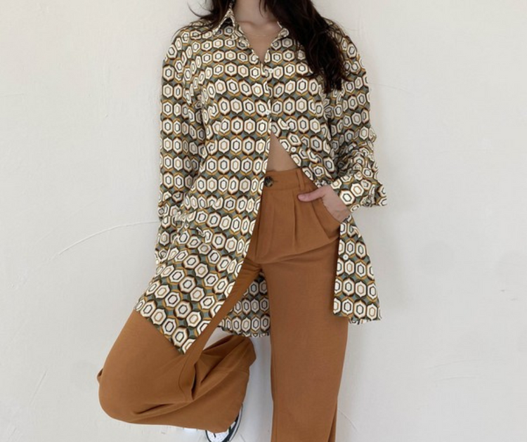 Retro Pattern Print Long Button Down Shirt