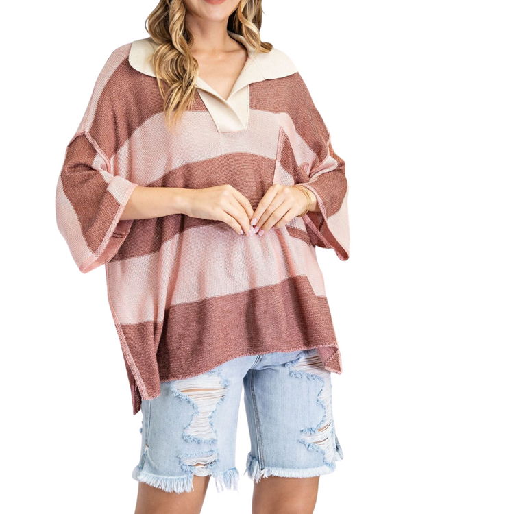 Pink Mauve Rugby Striped Knitted Sweater Shirt Top