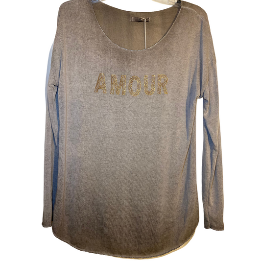 Italian Taupe Long Sleeve Amour Scoop Neck Thin Sweater Top with Metallic Trim Detail