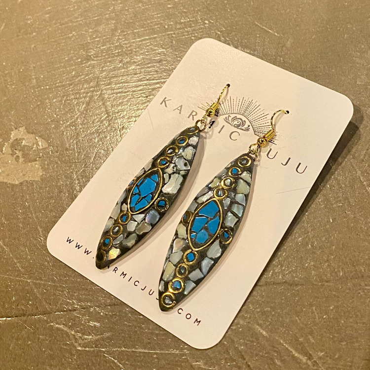 Turquoise, Mother of Pearl, and Brass Drop Earring from India