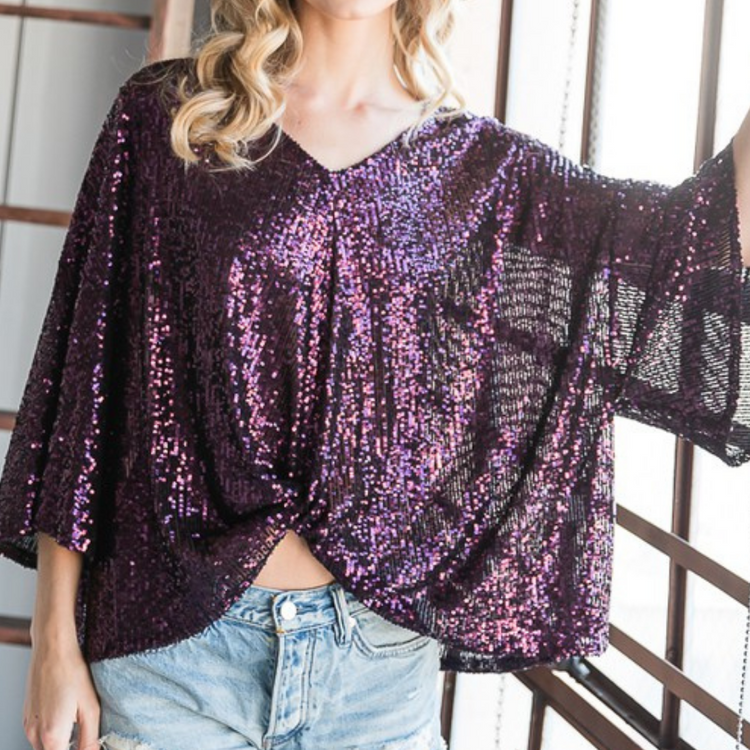 Deep Purple Sequin V-Neck Dolman with Twist Waist Detail