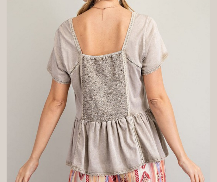 Mineral Washed Square Neck Ruffle Top