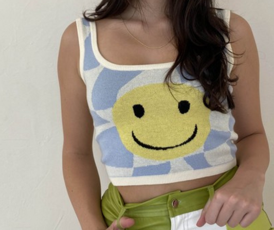 Smiley Face Check Sweater Tank Top