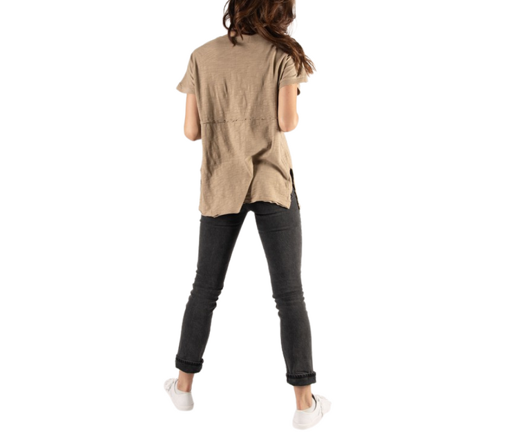 Tan Cotton Slub V Neck Short Sleeve Tee