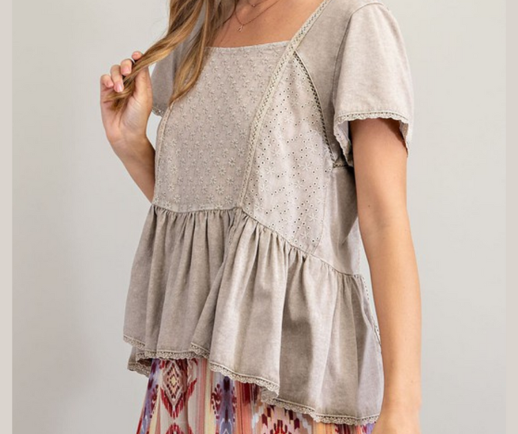 Mineral Washed Square Neck Ruffle Top