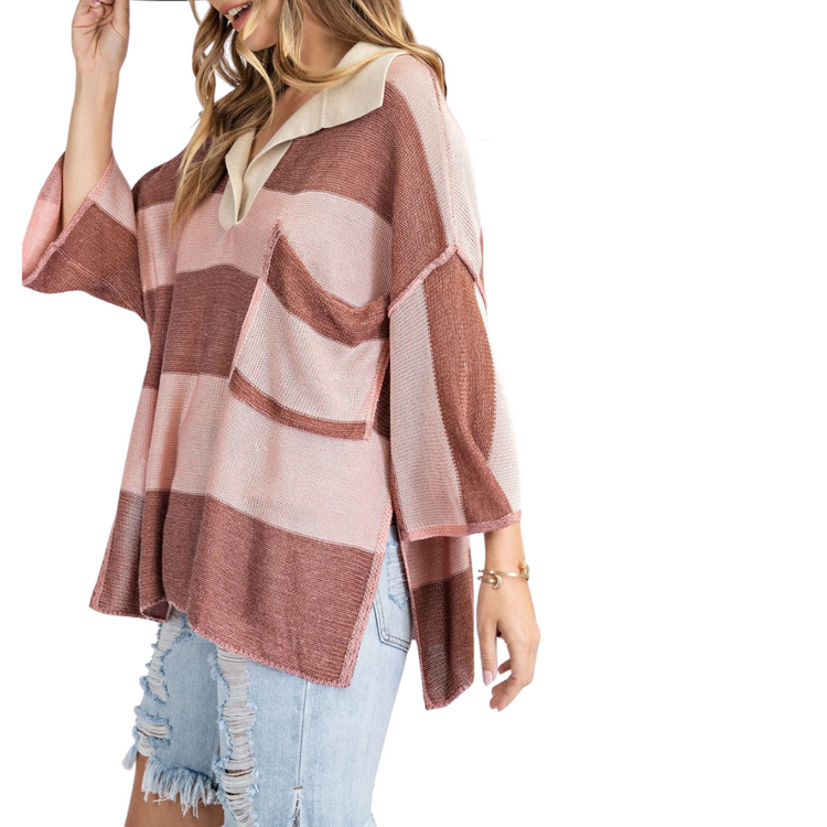 Pink Mauve Rugby Striped Knitted Sweater Shirt Top