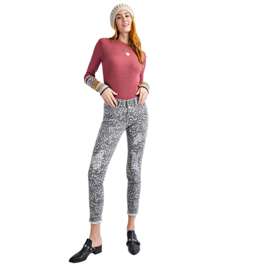 Distressed Leopard Capri Stretch Pant